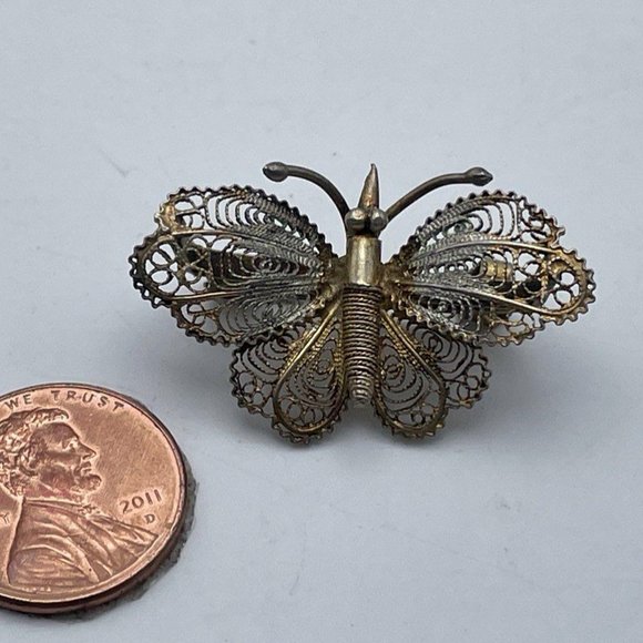 Vintage Antique 800 Sterling Silver Gold-Tone Filigree Butterfly Brooch Pin - Picture 3 of 6